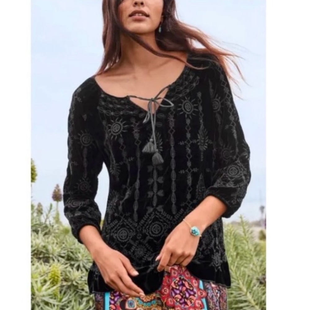 Johnny Was silk blend Althea velvet embroidered peasant blouse tunic small